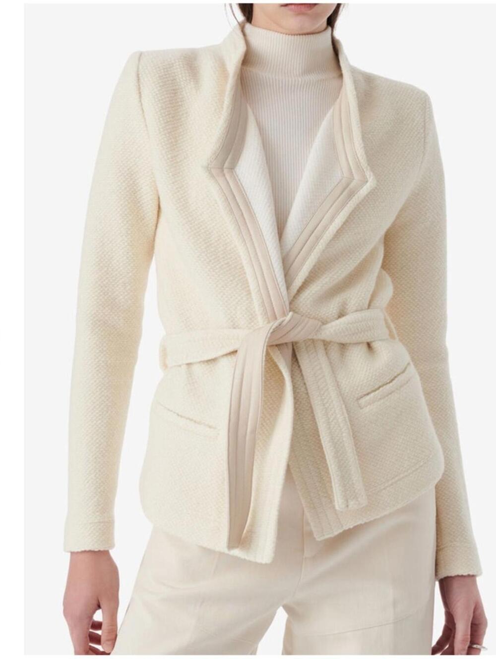 NWT IRO PARIS Euro SZ 34/ XS Belted Jacket Leather-Trim Bouclé-Knit Wool Cream - Picture 2 of 14